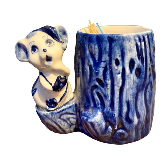 🥳 5/$35!! 🥳 Vintage Delfts Blue Mouse wearing a Nightcap Toothpick Holder